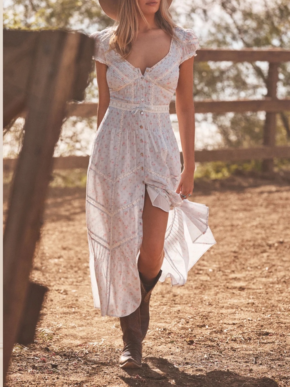 Loveshackfancy blue Floral V-Neck Maxi Dress - White with Pink Floral